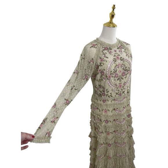 Mac Duggal 8030 NWT Polka Dot Long Sleeve Floral Ruffle Tiered Maxi Dress Size 8 - Picture 6 of 10